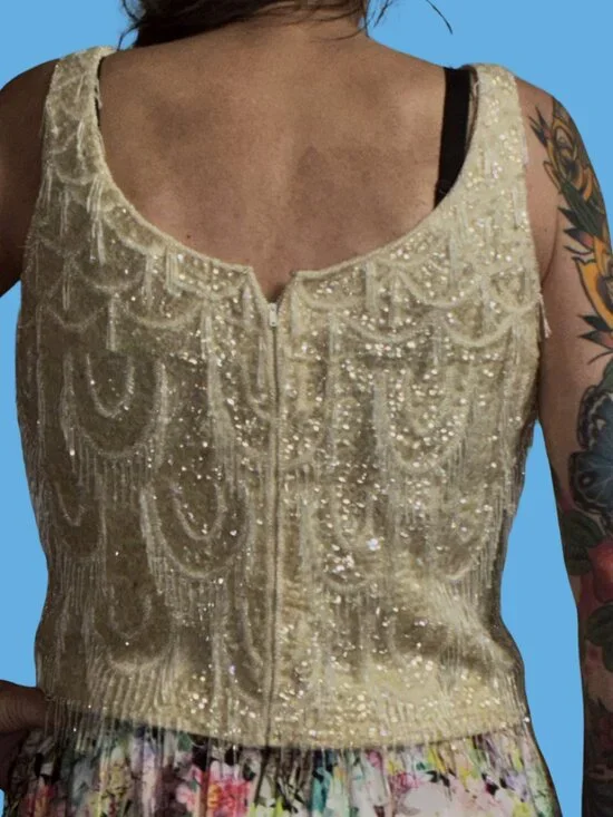 Sz.L*Thayer Sophisticates*Vintage Cream-Colored Beaded & Sequined Tank Top - Picture 2 of 8